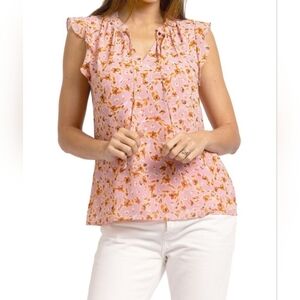 Les Serein Women's Pink Floral Ruffle Cap Sleeve Top, Size Petite Small